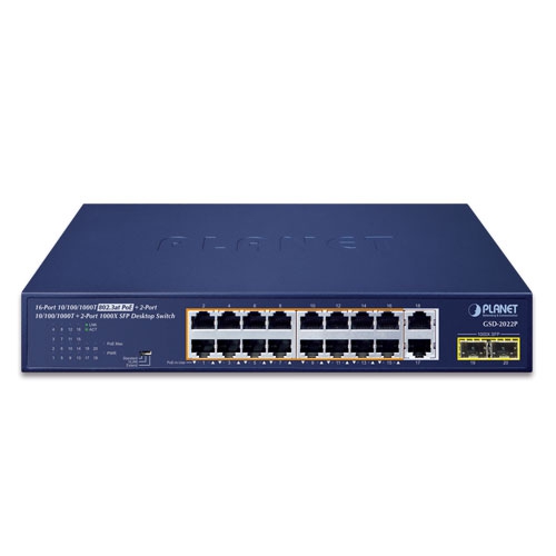 Switch: 16 x 10/100/1000Mbps PoE+, 2 x 10/100/1000T, 2x SFP, 185W PoE Budget, Standard/VLAN/Extend mode
