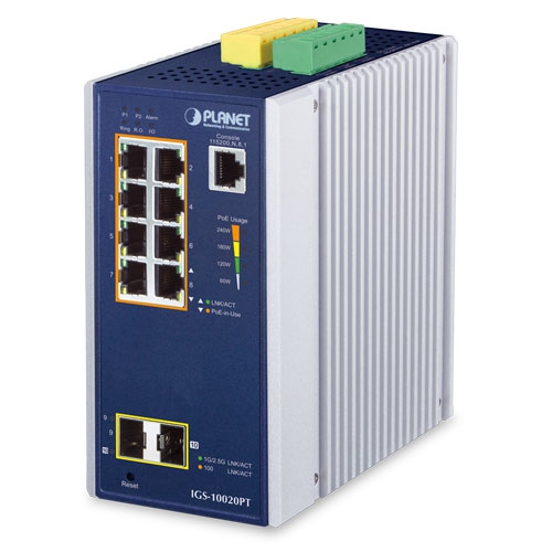 Switch: 8 x 10/100/1000Mbps PoE+, 2 x SFP 1G/2.5G, 1 x RJ-45 console, Layer 2/4, -40 kuni 75°C