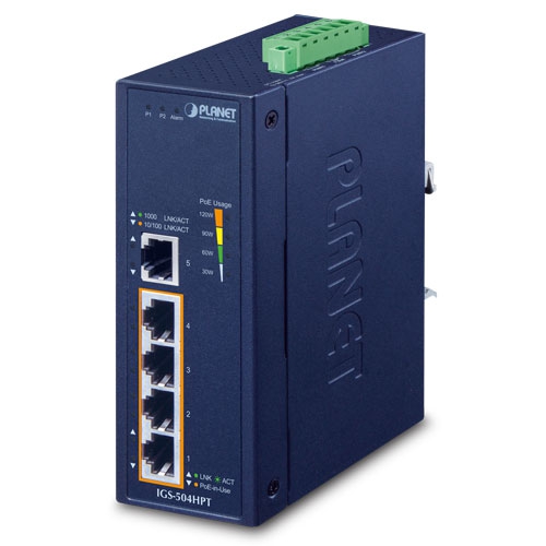 Switch: 4 x 10/100/1000BaseT(X) PoE+, 1 x 10/100/1000BaseT(X), -40 kuni 75°C, mittemanageeritav, 120W budget