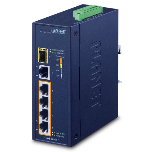 Switch: 4 x 10/100/1000BaseT(X) PoE+, 1 x 10/100/1000BaseT(X), 1 x 100/1000X SFP -40 kuni 75°C, mittemanageeritav, 120W budget