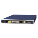 Switch: 24 x 10/100/1000Mbps PoE+, 4 x SFP+, 1 x RJ-45 console, Layer 3,  -40 to 75°C