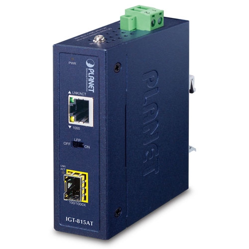 [IGT-815AT] Tööstuslik konverter: 10/100/1000BaseT(X) to 100/1000 SFP, LFP, -40 kuni 75°C