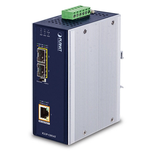 [IGUP-1205AT] Tööstuslik PoE++ FO konverter: 1 x 10/100/1000Base-T <> 2 x 100/1000 SFP, -40 to 75 ºC