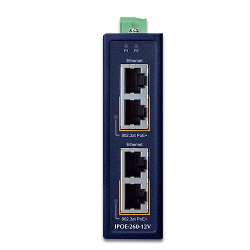 Tööstuslik PoE+ injector: 2 x 10/100/1000T w/ 12V Booster, -40 to 75 ºC, kuni 72W, 12-56VDC