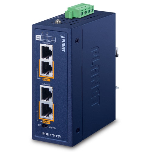 Tööstuslik PoE++ injector: 2 x 10/100/1G/2.5G/5GBASE-T w/ 12V Booster, -40 to 75 ºC, kuni 180W, 12-56VDC