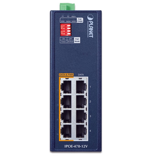IP30 Industrial 4-port 10/100/1000T 95W 802.3bt PoE++ Injector Hub w/ 12V Booster (240 Watts PoE budget, PoE Usage LED, BT/Legacy DIP switch, -40~75 degrees C, dual 12V~54V DC power boost)