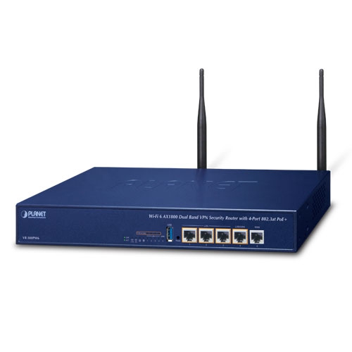 WiFi PoE+ VPN Ruuter: Wi-Fi 6 AX1800, 5 x 10/100/1000BASE-T, 3 x LAN PoE+, 1 x LAN/WAN PoE+, 1 x WAN, Dual Band, Cyber Security, High Availabilty, AP Control, Captive Portal, Radius