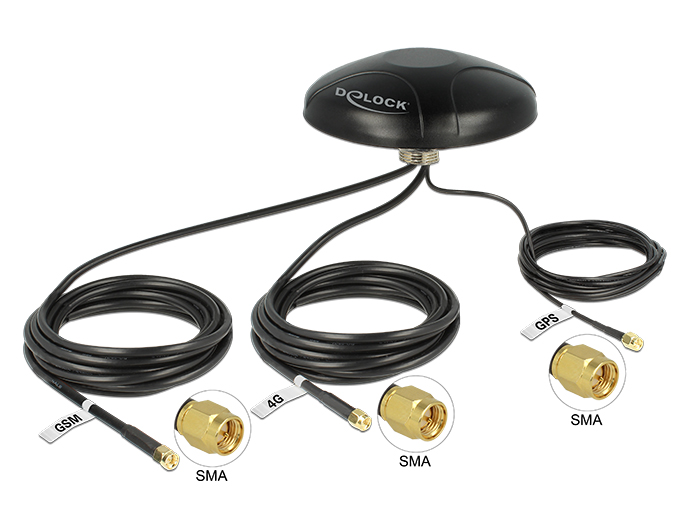 [12455] Delock Multiband LTE UMTS GSM GPS Antenna 3 x SMA male omnidirectional roof mount black outdoor
