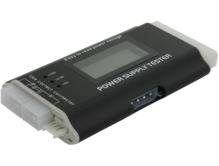 [18159] ATX, BTX ja ITX toiteplokkide tester (LCD ekraaniga), 1 x 24 pin, 1 x 8 pin, 1 x 6 pin, 2 x 4 pin, 1 x 15 pin SATA