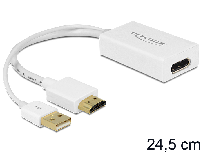 Üleminek HDMI (M)+ USB toide - Displayport 1.2 (F), 4Kx2K@30Hz 2K@120Hz, valge