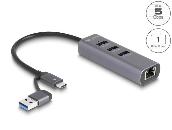 USB-C hub: 3x USB-A, 5Gbps, 1x Gigabit LAN, hall