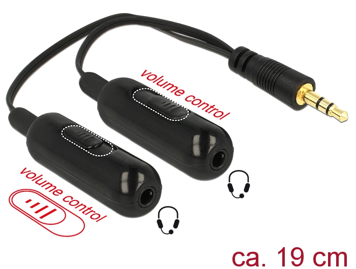 [65683] Delock Adapter Cable audio splitter stereo jack male 3.5 mm 3 pin > 2 x stereo jack female 3.5 mm 3 pin + Volume control 19 cm