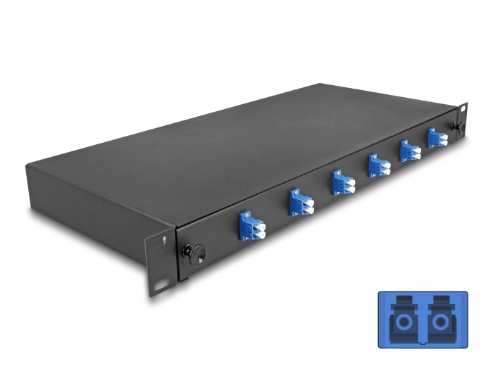 FO paneel 6xLC duplex liikuva riiuliga OS2 19´´ 1U must adapter kruvidega