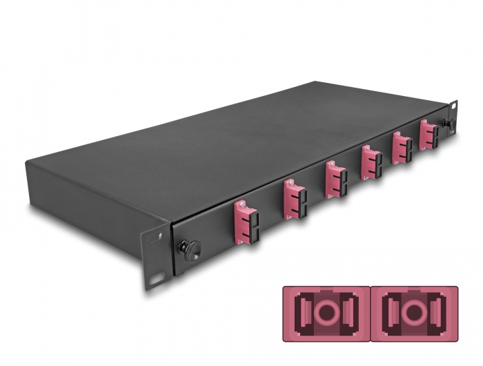 FO paneel 6xSC duplex liikuva riiuliga OM4 19´´ 1U must adapter kruvidega