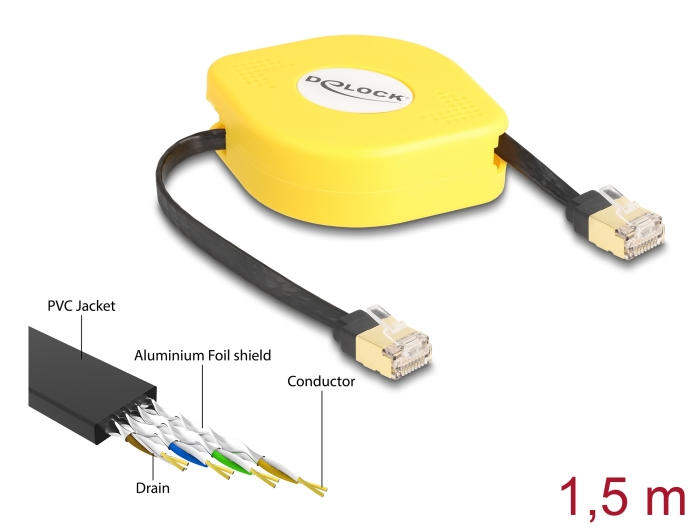 Delock RJ45 Retractable Cable Cat.6A STP 1.5 m black / yellow