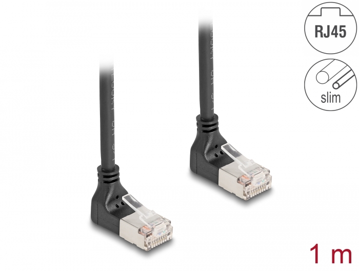 Võrgukaabel Cat6a S/FTP 1.0m, must, (2x90° nurgaga ülespoole), slim