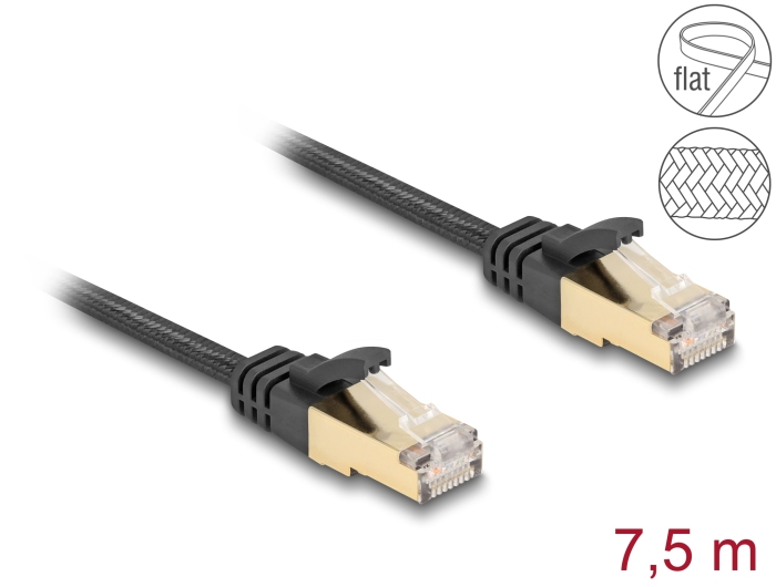 Võrgukaabel Cat6a U/FTP 7.5m, must, punutud, lapik
