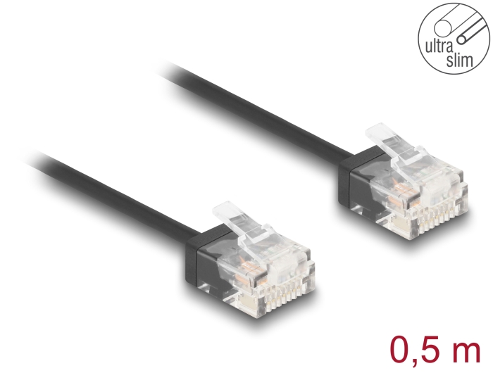 Võrgukaabel Cat6 UTP 0.5m, must, CU, Ultra Slim, lühikese pistikuga