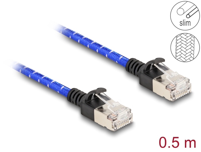 Võrgukaabel Cat6a U/FTP 0.5m, sinine, punutud, slim