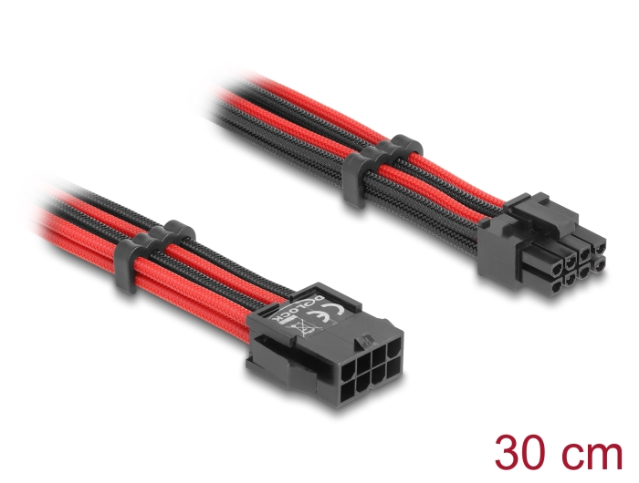 Toitekaabel PCIe 8 pin (M) - 6 + 2 4 pin, 18 AWG, 0.3m, punane/must