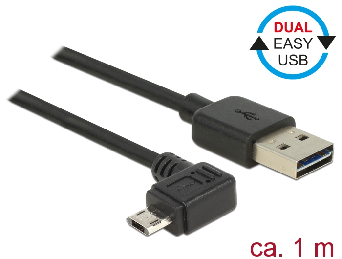 USB 2.0 kaabel A - Micro B 90 kraadise nurgaga vasakule 1.0m, Easy USB, must