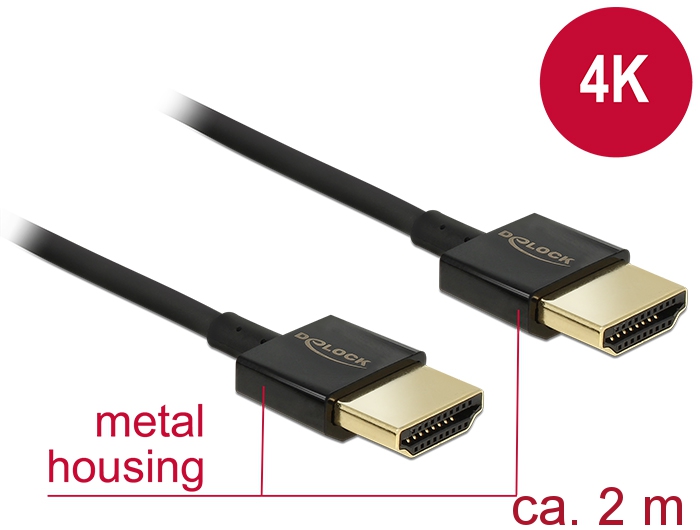 HDMI kaabel 2.0m, ethernet, 4K@60Hz, kullatud, kolmekordne varje, slim, must