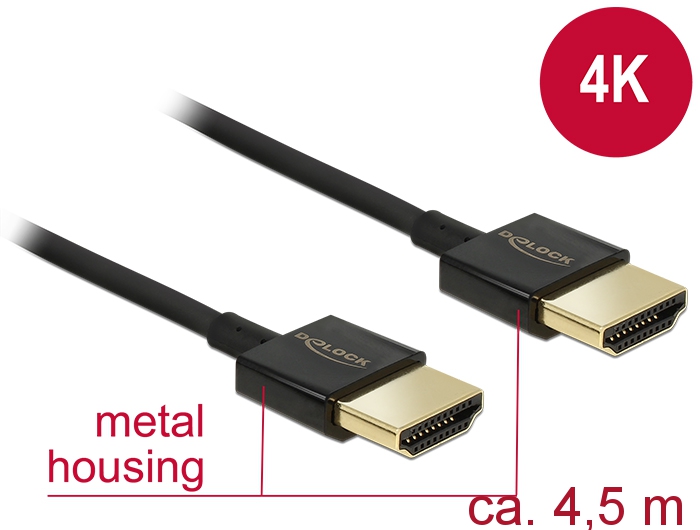 HDMI kaabel 4.5m, Active, 4K@60Hz, kullatud, kolmekordne varje, slim, must