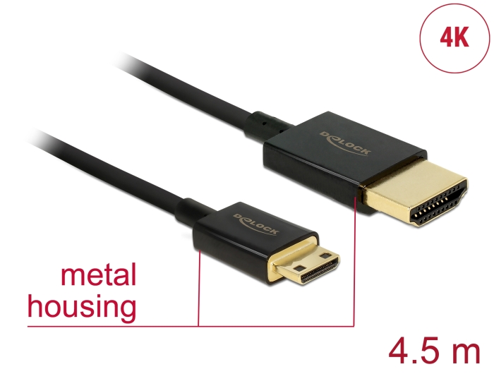 HDMI - mini HDMI kaabel 4.5m, 4K, 3840x2160@60Hz, 3D, Active slim, must