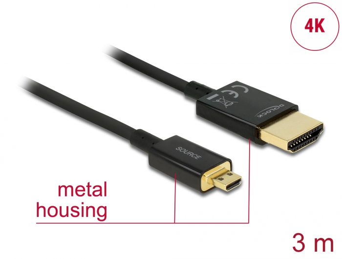 Delock Cable High Speed HDMI with Ethernet - HDMI-A male > HDMI Micro-D male 3D 4K 3 m Active Slim High Quality