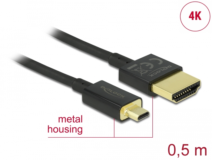 HDMI - micro HDMI kaabel 0.5m, 4K 3840x2160@60Hz, slim, must