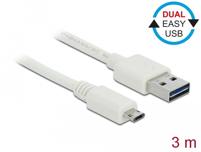 USB 2.0 kaabel A - Micro B 1.0m, EASY-USB, valge