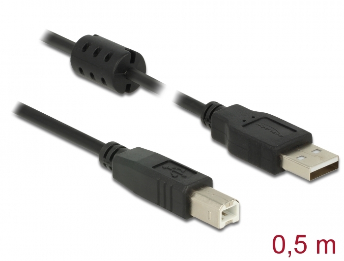 USB 2.0 kaabel A - B 0.5m, must, ferriidiga