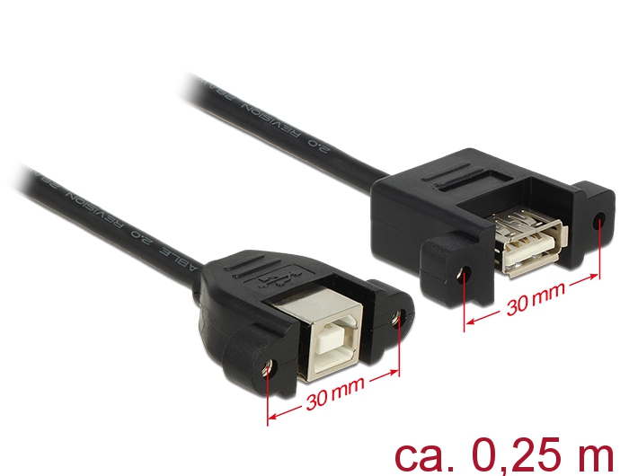 USB-B 2.0 pikenduskaabel paneelile USB-B 2.0 (F) - USB-B 2.0 (F), 0.25m, must