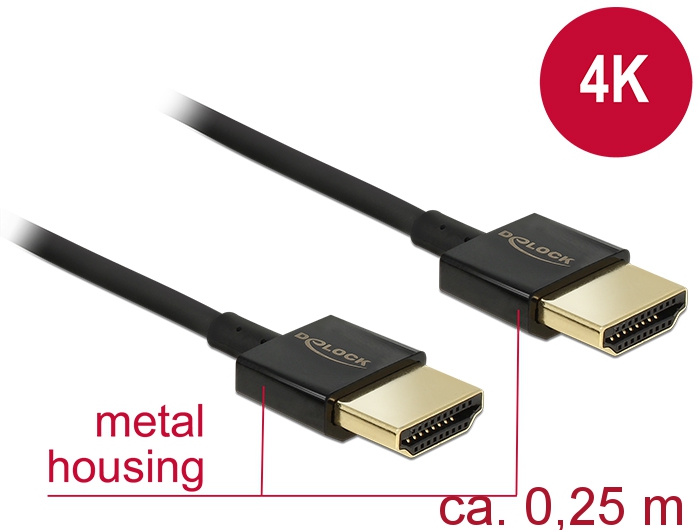 HDMI kaabel 0.25m, ethernet, 4K@60Hz, kullatud, kolmekordne varje, slim, must