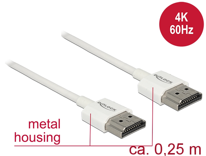 HDMI kaabel 0.25m, ethernet, 3D 1920x1080@60Hz, 4K 3840x2160@60Hz,Slim, valge