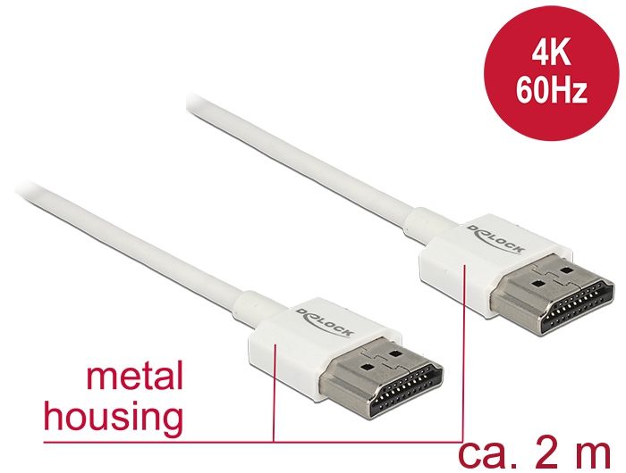 HDMI kaabel 2.0m, ethernet, 3D 1920x1080@60Hz, 4K 3840x2160@60Hz,Slim, valge