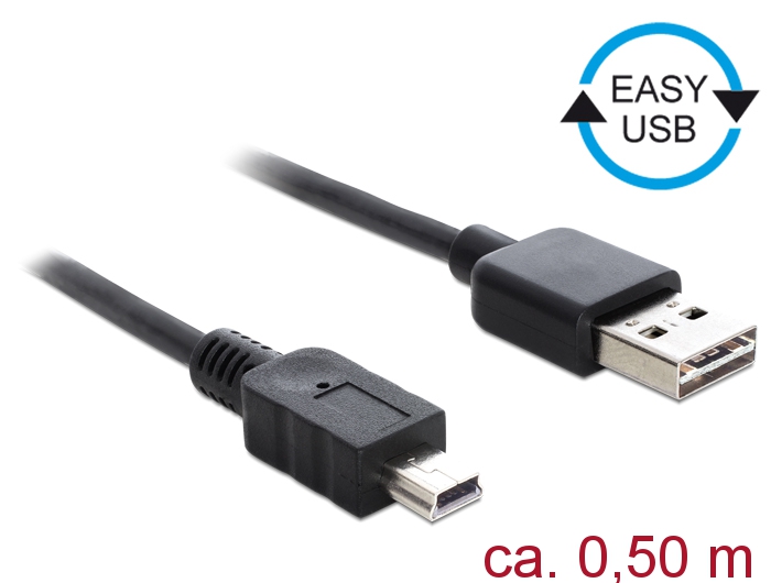 USB 2.0 kaabel A - Mini B 0.5m, Easy-USB, must