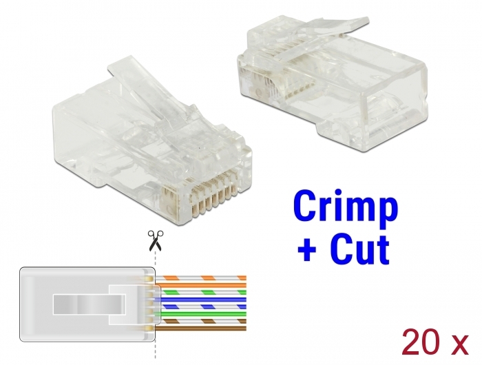 [86451] Modularpistik RJ45 Cat5e UTP,läbivate soontega, ühekiulisele/mitmekiulisele kaablile 24-26 AWG D: 5.0-6.5mm, 20tk