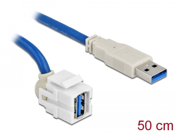Keystone moodul: USB 3.0 A F / M, valge 250° nurgaga, kaabli pikkus 0.5m