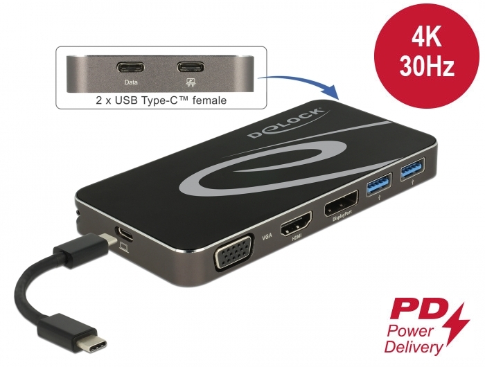 USB-C dock: 1xHDMI, 1x Displayport, 1x VGA, 2x USB-C 3.2, sobib ka MAC´ile
