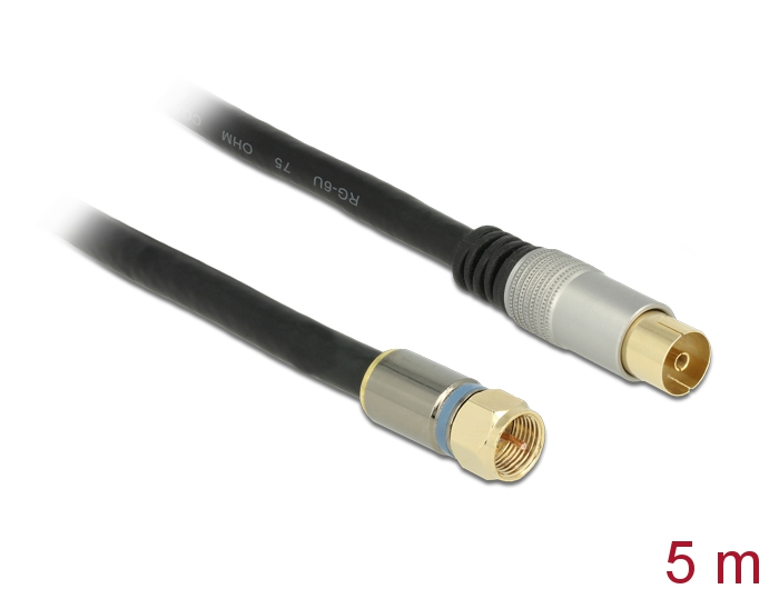 [88962] Antennikaabel F pistik / IEC pesa 5.0m RG-6/U, premium, kullatud otstega, must