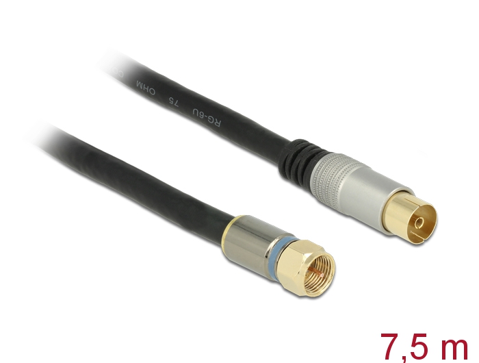 [88964] Antennikaabel F pistik / IEC pesa 7.5m RG-6/U, premium, kullatud otstega, must
