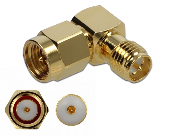 [89955] Üleminek SMA pistik - RP-SMA pesa, 10 GHz, kullatud, nurgaga