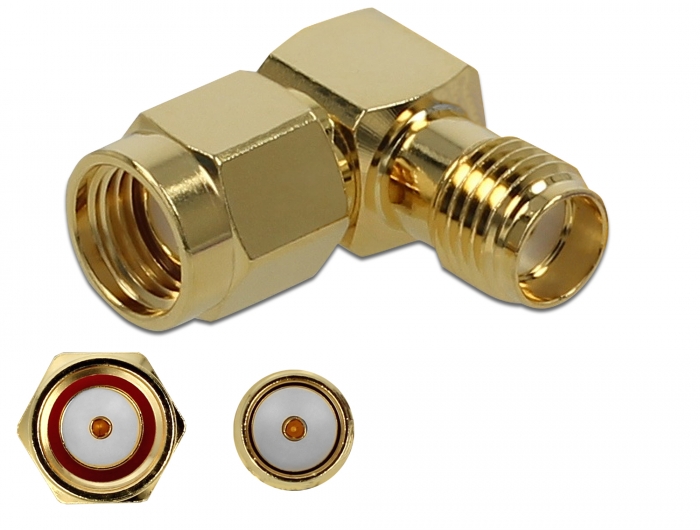[89978] Üleminek RP-SMA pistik - SMA pesa, 10 GHz, kullatud, nurgaga