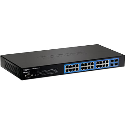 Switch: 24 x 10/100/1000Mbps, 4 x shared SFP, 1 x RJ-45 console, SNMP, RSTP, MSTP, Layer 2, räkitav