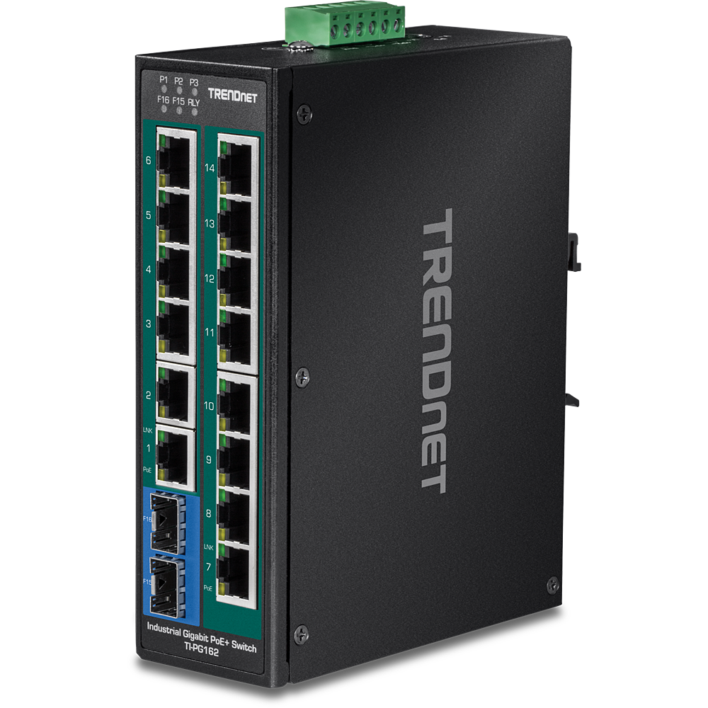 16-Port Industrial Gigabit PoE+ DIN-Rail Switch