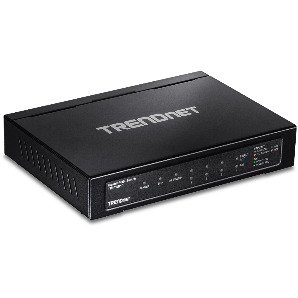 PoE Switch: 4 x 10/100/1000Mbps PoE+, 1 x 10/100/1000Mbps, 1 x SFP, kuni 30W pordi kohta, 65W