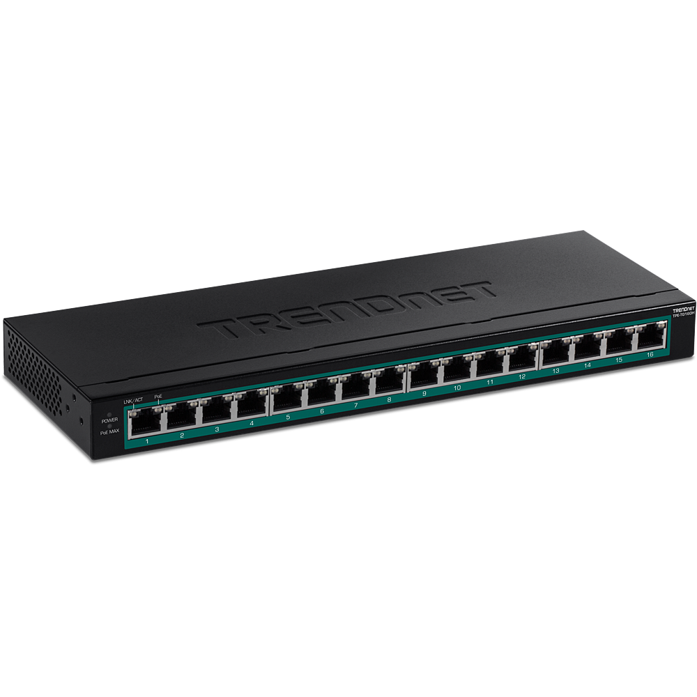 PoE Switch: 16 x 10/100/1000Mbps PoE+, 123W