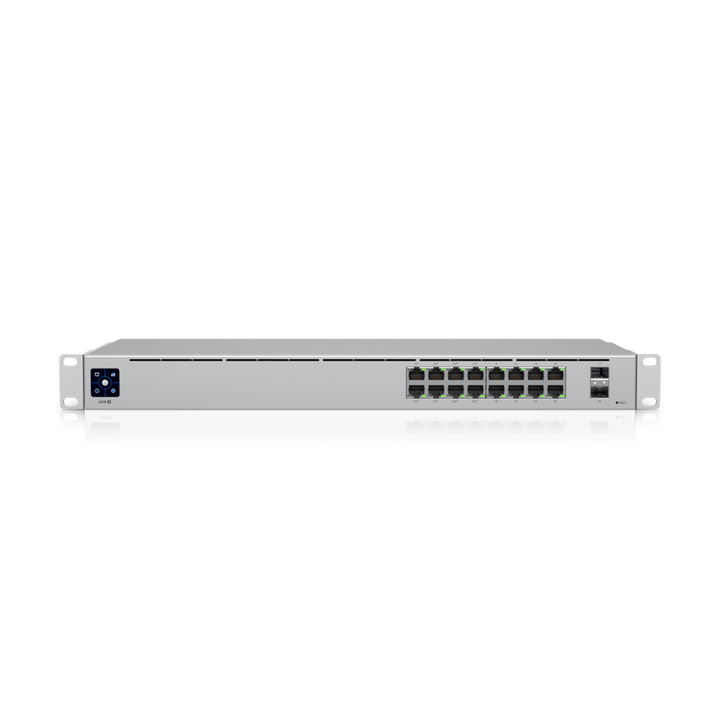 [USW-16-PoE] Switch: 8 x GbE PoE+, 8 x GbE, 2 x SFP, Layer 2, räkitav, fanless, 42W