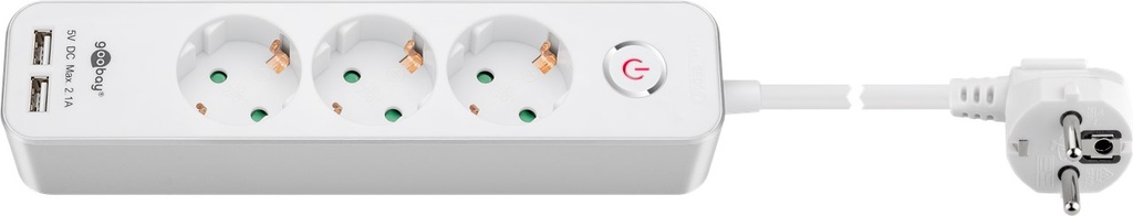 Maandusega pikendusjuhe 3 pesa / 1.5m, max 3680W, valge, ilma lülitita + 2 USB porti, kahepooluseline väljalülitus